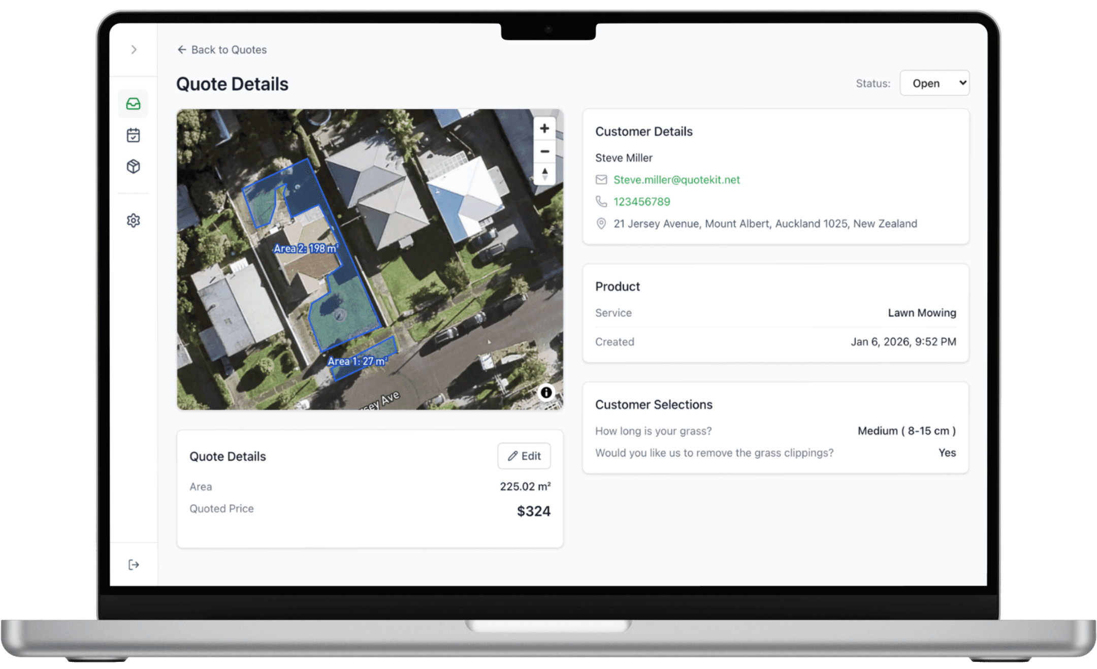 Dashboard showing quotes and customer details on laptop