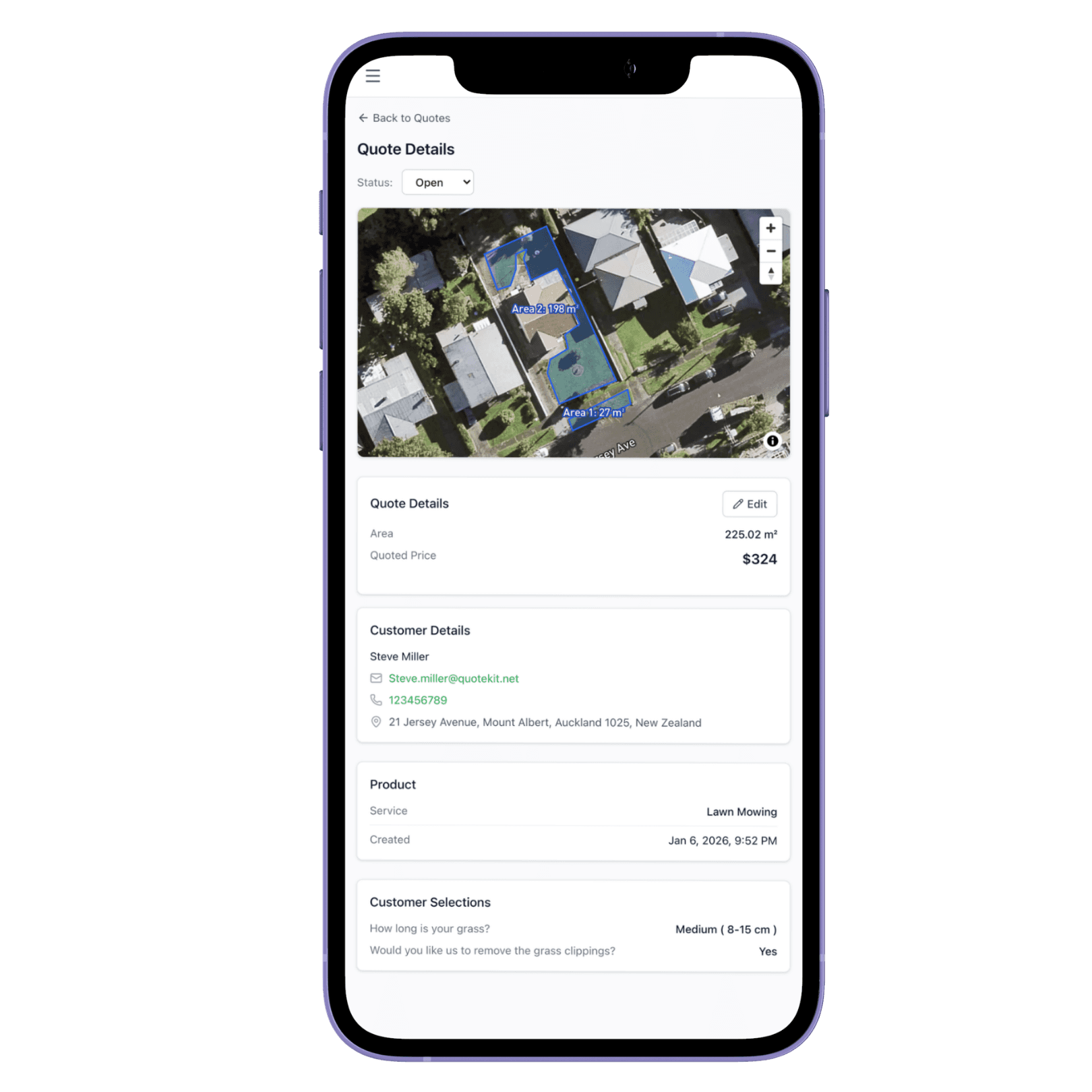 Quote widget on phone showing satellite map with lawn area selection